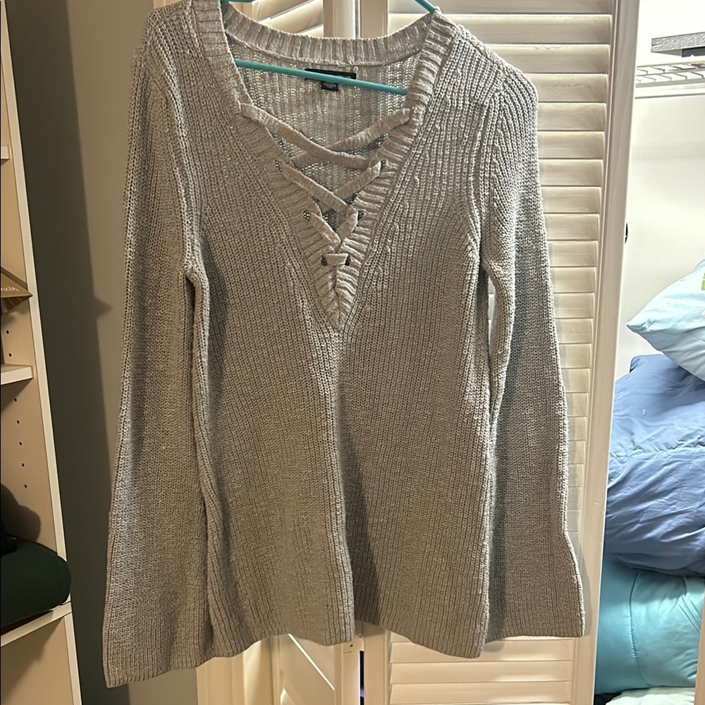 Gray Knit Sweater with Lace-Up V-Neck